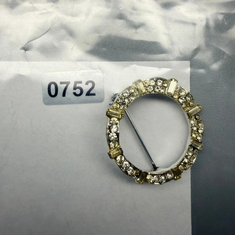 Vintage Paste Rhinestone Brooch Silver Tone Clear Circle MCM Dainty Glam